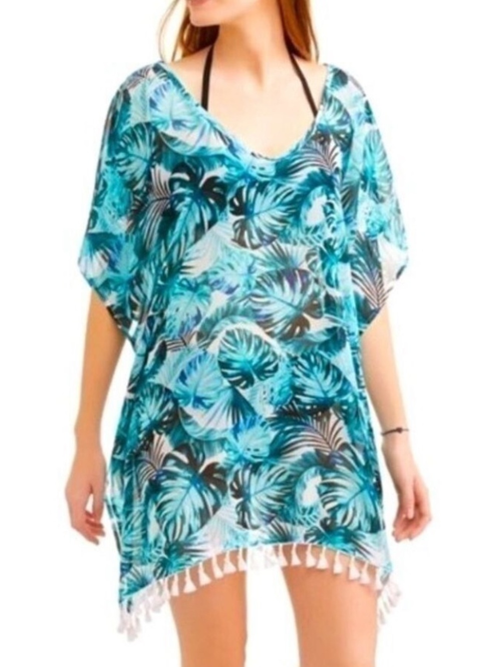 Beach Coverup with Crisscross Straps Fringe Blue Leaf Print Med